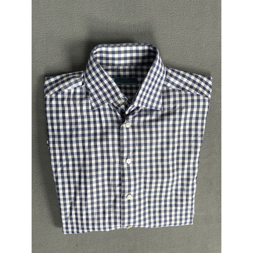 Eton Contemporary Men's Light Blue Check Dress Shirt Size 42 16.5 French Cuff
